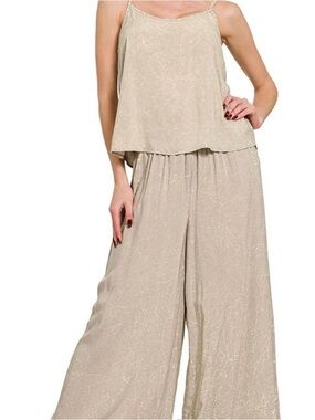 Zenana Crinkle Wash Cami & Pant Set w/ Pockets -Ash Mocha